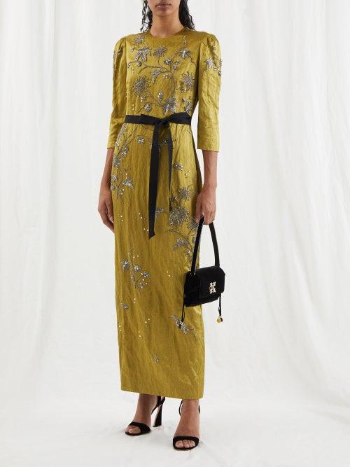 Erdem - Carmina Floral-embroidered Bow-trimmed Satin Dress - Womens - Green Multi
