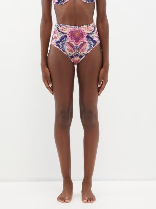Zimmermann - Laurel Ruched Floral-print Bikini Briefs - Womens - Navy Pink