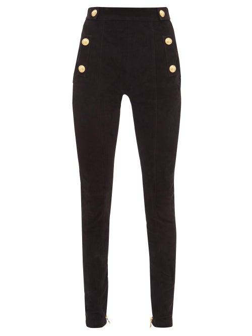 Balmain - High-rise Buttoned Suede Leggings - Womens - Black