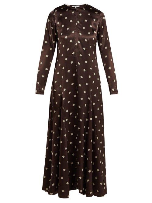 Matchesfashion.com Ganni - Cameron Polka Dot Satin Maxi Dress - Womens - Brown Print