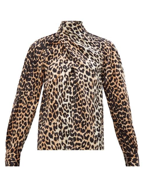 Matchesfashion.com Ganni - Neck-tie Leopard-print Silk-blend Blouse - Womens - Leopard
