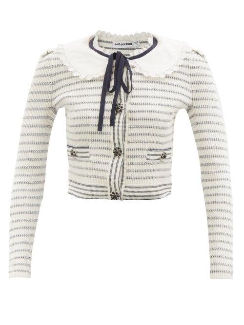 Self-portrait - Lace-collar Crystal-button Striped Cardigan - Womens - White Multi
