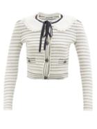 Self-portrait - Lace-collar Crystal-button Striped Cardigan - Womens - White Multi