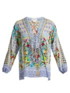 Matchesfashion.com Camilla - Masking Madness Print Lace Up Silk Top - Womens - Blue Multi