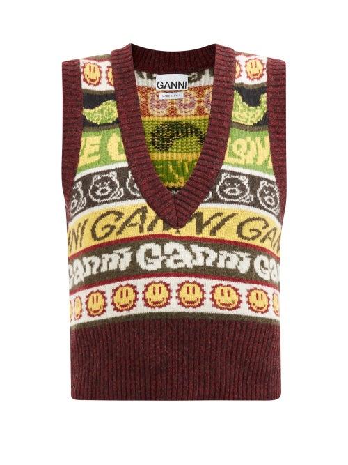 Ganni - Logo-stripe Sleeveless Recycled Wool-blend Sweater - Womens - Green Multi