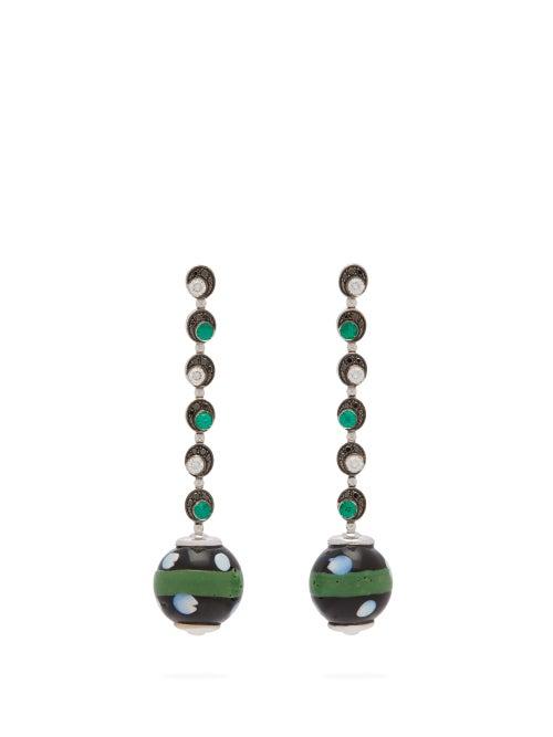 Matchesfashion.com Francesca Villa - Emerald, Diamond & 18kt White Gold Drop Earrings - Womens - Green