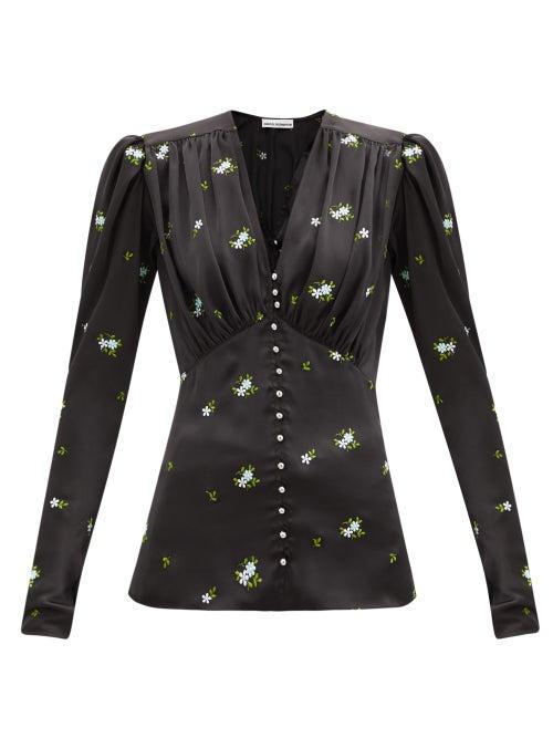Matchesfashion.com Paco Rabanne - Puffed-shoulder Floral-embroidered Satin Blouse - Womens - Black Multi