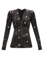 Matchesfashion.com Paco Rabanne - Puffed-shoulder Floral-embroidered Satin Blouse - Womens - Black Multi