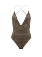 Matchesfashion.com Fendi - V-neck Ff-logo Swimsuit - Womens - Brown Print
