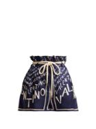 Matchesfashion.com Valentino - Logo Print Paperbag Waist Silk Twill Shorts - Womens - Navy White