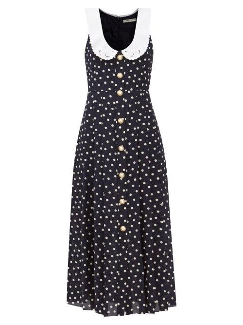 Alessandra Rich - Peter Pan-collar Polka-dot Silk-georgette Dress - Womens - Blue White