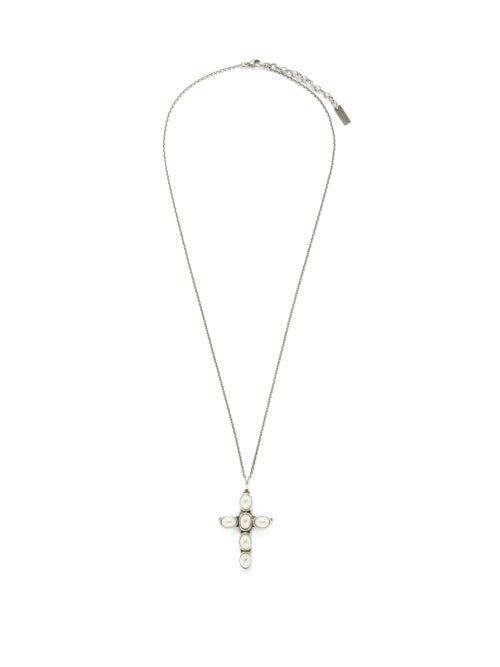 Saint Laurent - Cross Faux-pearl Embellished Necklace - Womens - Silver