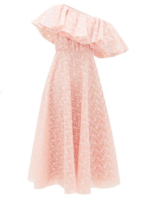 Matchesfashion.com Giambattista Valli - Sunflower-lace Ruffled One-shoulder Dress - Womens - Light Pink