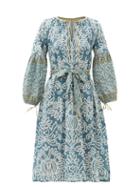 Matchesfashion.com D'ascoli - Laziza Belted Floral-print Cotton Dress - Womens - Blue
