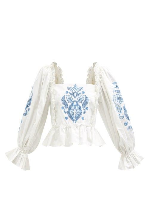 Lug Von Siga - Daphne Peplum-hem Floral-embroidered Cotton Top - Womens - White Blue
