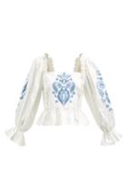 Lug Von Siga - Daphne Peplum-hem Floral-embroidered Cotton Top - Womens - White Blue