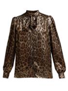Matchesfashion.com Dolce & Gabbana - Leopard Print Metallic Silk Blend Pussy Bow Blouse - Womens - Leopard