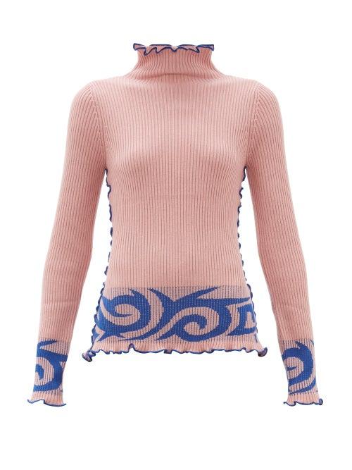 Matchesfashion.com Joostricot - Jacquard High Neck Wool Blend Sweater - Womens - Light Pink
