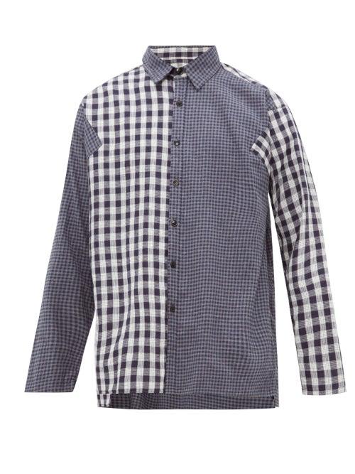 Matchesfashion.com Oliver Spencer - Gibson Checked Patchwork Cotton Blend Shirt - Mens - Blue