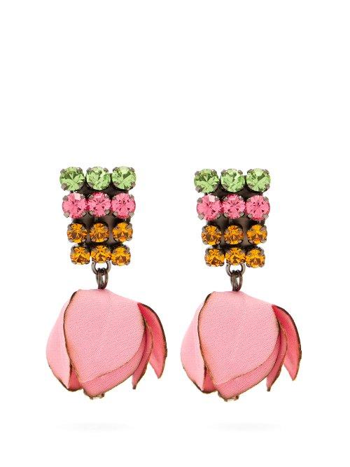 Matchesfashion.com Marni - Crystal Embellished Flower Drop Clip On Earrings - Womens - Pink