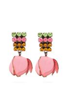 Matchesfashion.com Marni - Crystal Embellished Flower Drop Clip On Earrings - Womens - Pink
