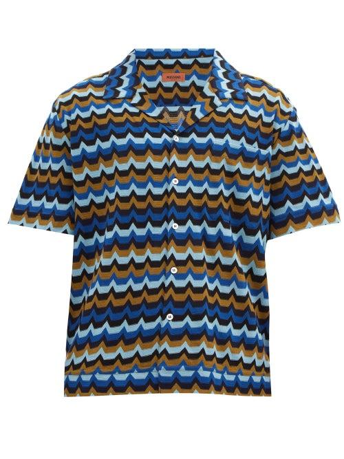 Matchesfashion.com Missoni - Cuban-collar Zigzag-intarsia Cotton Shirt - Mens - Blue Multi