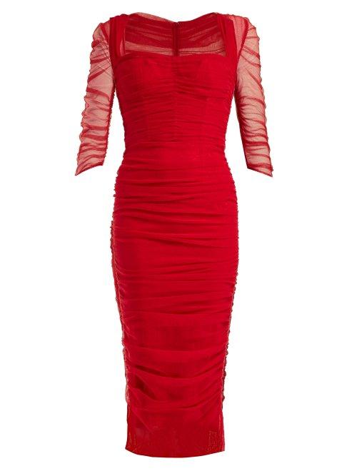Matchesfashion.com Dolce & Gabbana - Corset Style Double Layer Tulle Midi Dress - Womens - Red