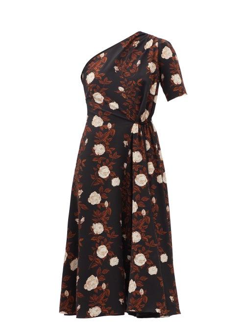 Ladies Rtw Emilia Wickstead - Kyle One-shoulder Floral-print Crepe Dress - Womens - Black Brown