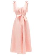Matchesfashion.com Gl Hrgel - Bow-shoulder Linen-jacquard Midi Dress - Womens - Pink