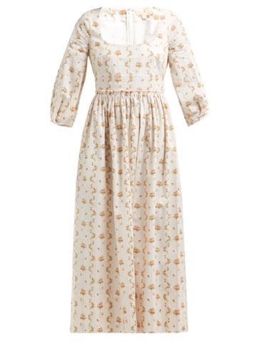 Matchesfashion.com Brock Collection - Ondina Floral And Stripe Print Cotton Midi Dress - Womens - White Multi
