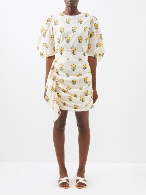 Rhode - Pia Marigold-print Puff-sleeve Cotton Mini Dress - Womens - Ivory Multi