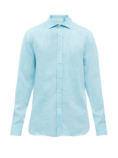 120 Lino 120% Lino - Linen Shirt - Mens - Light Blue