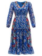 Matchesfashion.com Saloni - Devon Floral Print Silk Crepe De Chine Dress - Womens - Blue Multi