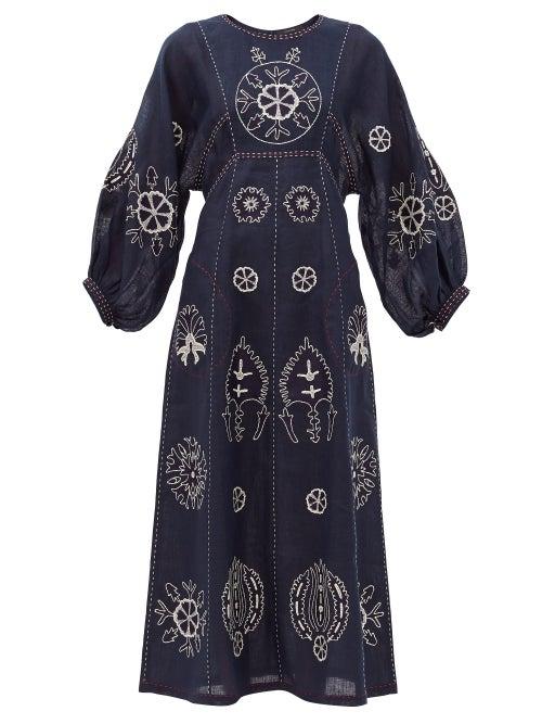 Matchesfashion.com Vita Kin - Jasmine Embroidered Linen Midi Dress - Womens - Navy White