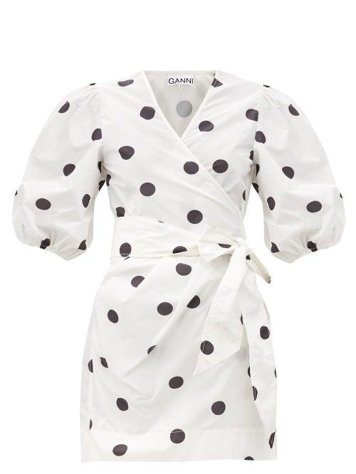 Matchesfashion.com Ganni - Puff-sleeved Polka-dot Wrap Dress - Womens - White Black