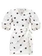 Matchesfashion.com Ganni - Puff-sleeved Polka-dot Wrap Dress - Womens - White Black