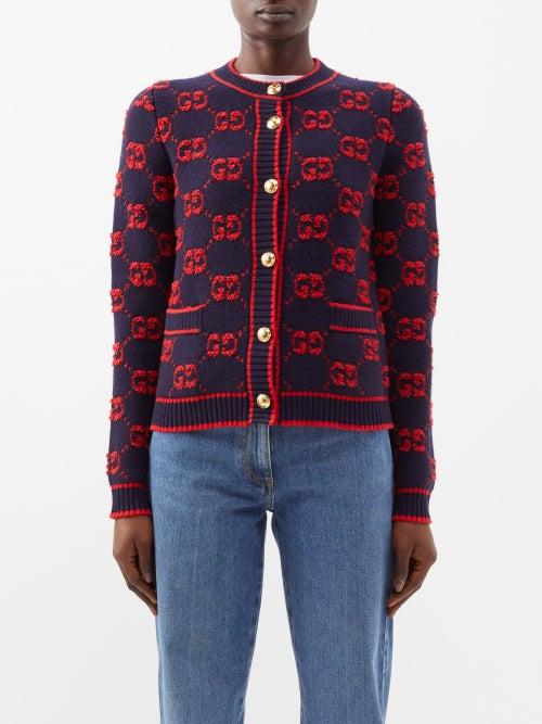 Gucci - Gg-intarsia Wool Cardigan - Womens - Red Blue