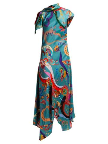 Matchesfashion.com Etro - Juillet Swirling Print Satin Dress - Womens - Blue Multi
