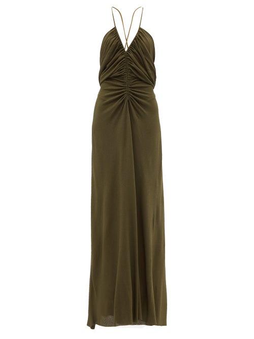 Ladies Rtw Petar Petrov - Amia Ruched-front Leather-strap Maxi Dress - Womens - Dark Green