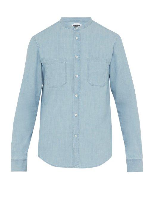 Matchesfashion.com Hope - Rick Band Collar Cotton Chambray Shirt - Mens - Blue