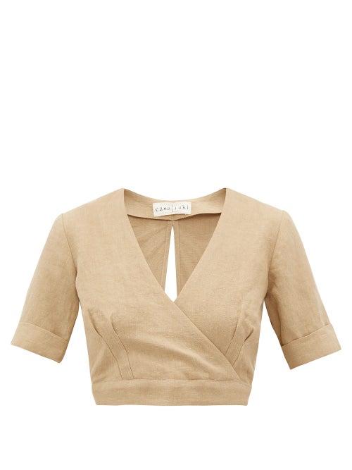 Matchesfashion.com Casa Raki - Jimena Cropped Linen Wrap Top - Womens - Beige