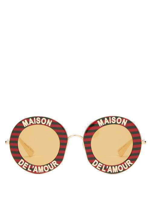 Matchesfashion.com Gucci - Maison De L'amour Striped Round Sunglasses - Womens - Red Gold