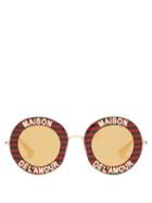 Matchesfashion.com Gucci - Maison De L'amour Striped Round Sunglasses - Womens - Red Gold