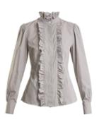 Matchesfashion.com Alexachung - Striped Ruffled Trimmed Cotton Blouse - Womens - Grey Multi