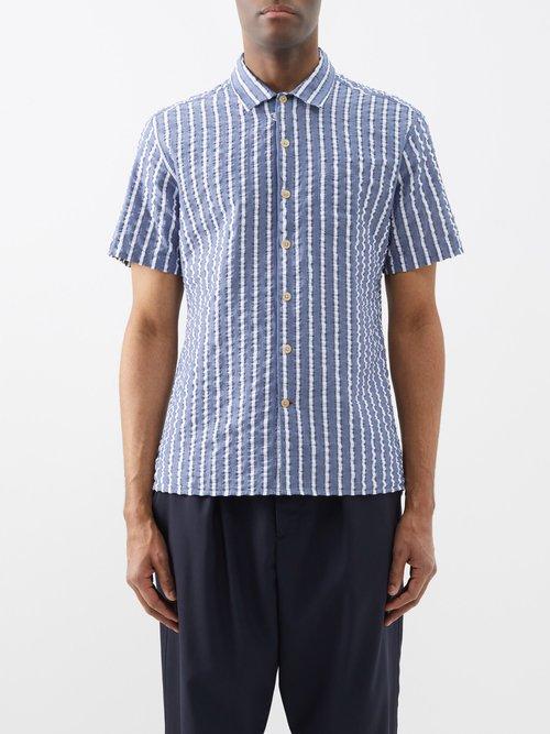 Oliver Spencer - Riviera Striped Organic-cotton Seersucker Shirt - Mens - Blue White