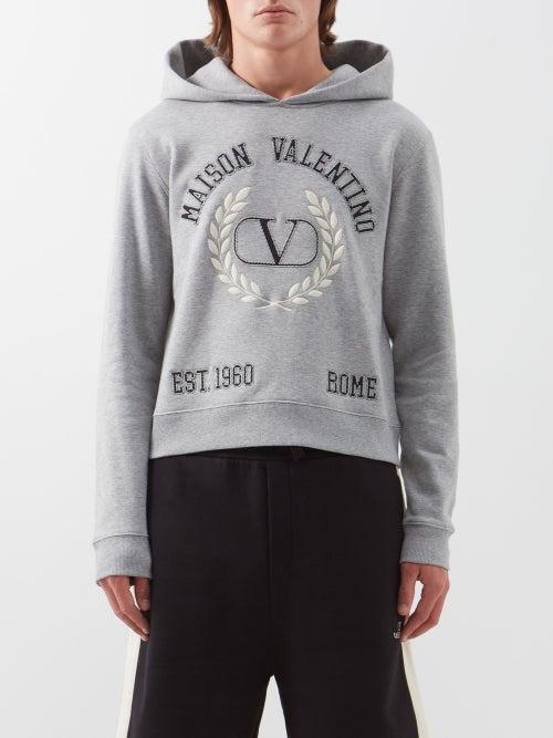 Valentino - Logo-embroidered Jersey Hooded Sweatshirt - Mens - Grey