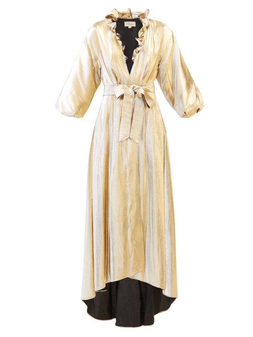 Matchesfashion.com Temperley London - Moon Garden Ruffled V-neck Lam Coat - Womens - Gold