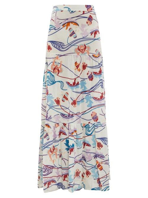 Matchesfashion.com Le Sirenuse, Positano - Sevallina Magic Flower-print Tiered Cotton Skirt - Womens - Cream Print