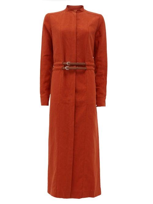 Matchesfashion.com Gabriela Hearst - Rees High-neck Belted Linen Shirt Dress - Womens - Red