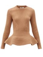 Matchesfashion.com Alexander Mcqueen - Peplum-hem Rib-knitted Wool-blend Sweater - Womens - Camel